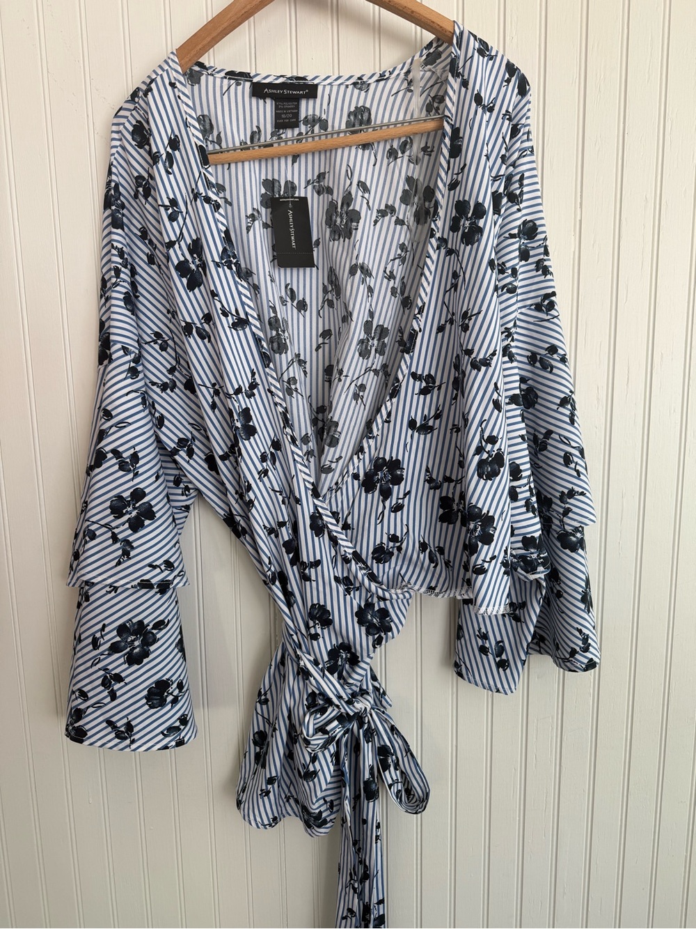 Ashley Stewart Blue & White Floral Stripe Wrap Blouse Size 18 NWT